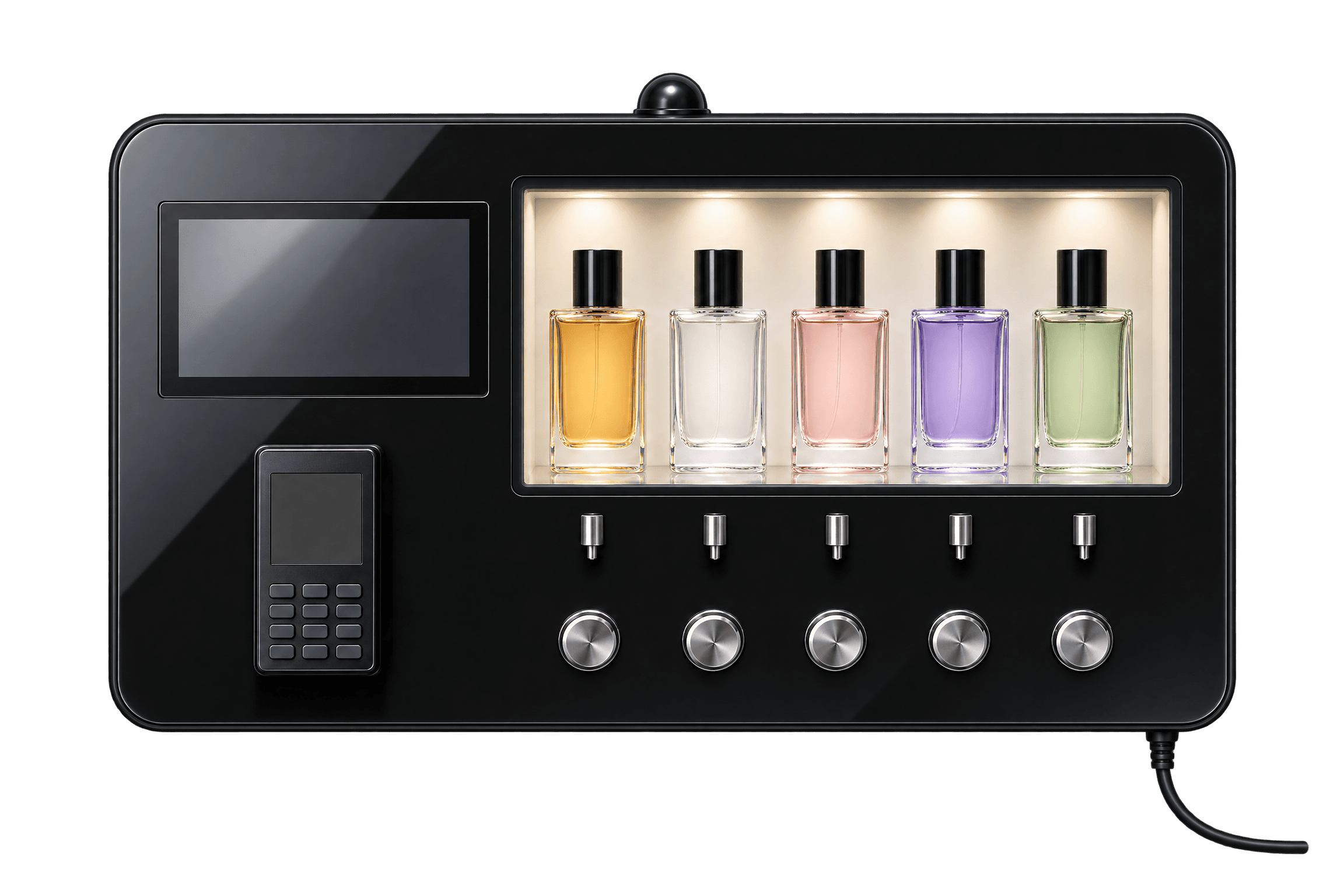 Clean black wall-mounted SPRAY unit with five blank perfume bottles, five nozzles and five chrome push buttons.